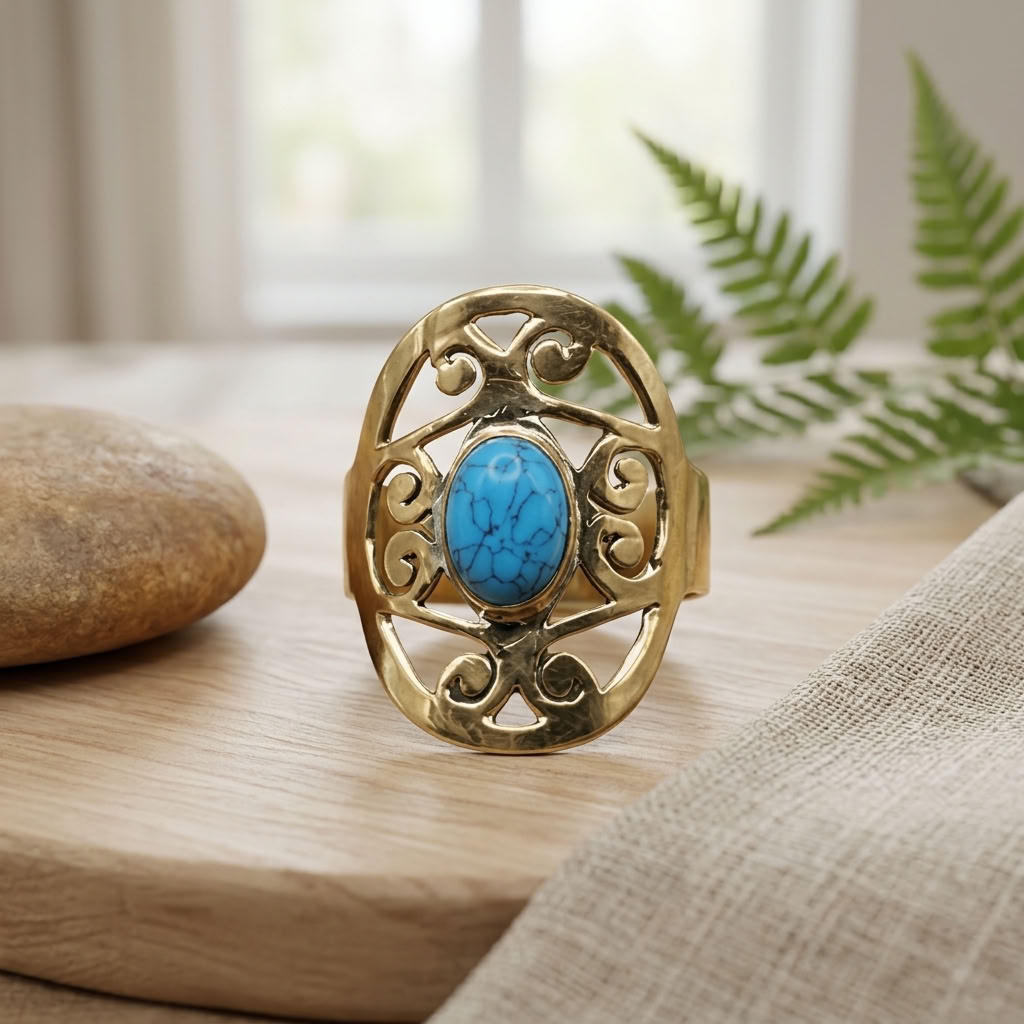 Anel de Bronze com Turquesa Natural - Ajustável, Estilo e Sofisticação Artesanal