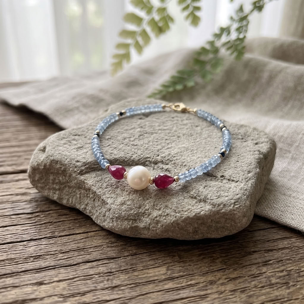 Pulseira em Ouro Amarelo 18K com Pérola Akoya, Safira Azul, Rubi e Água-Marinha