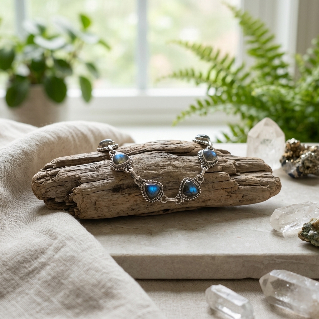 Pulseira de Prata Esterlina 925 com Labradorite - Aurora Mística