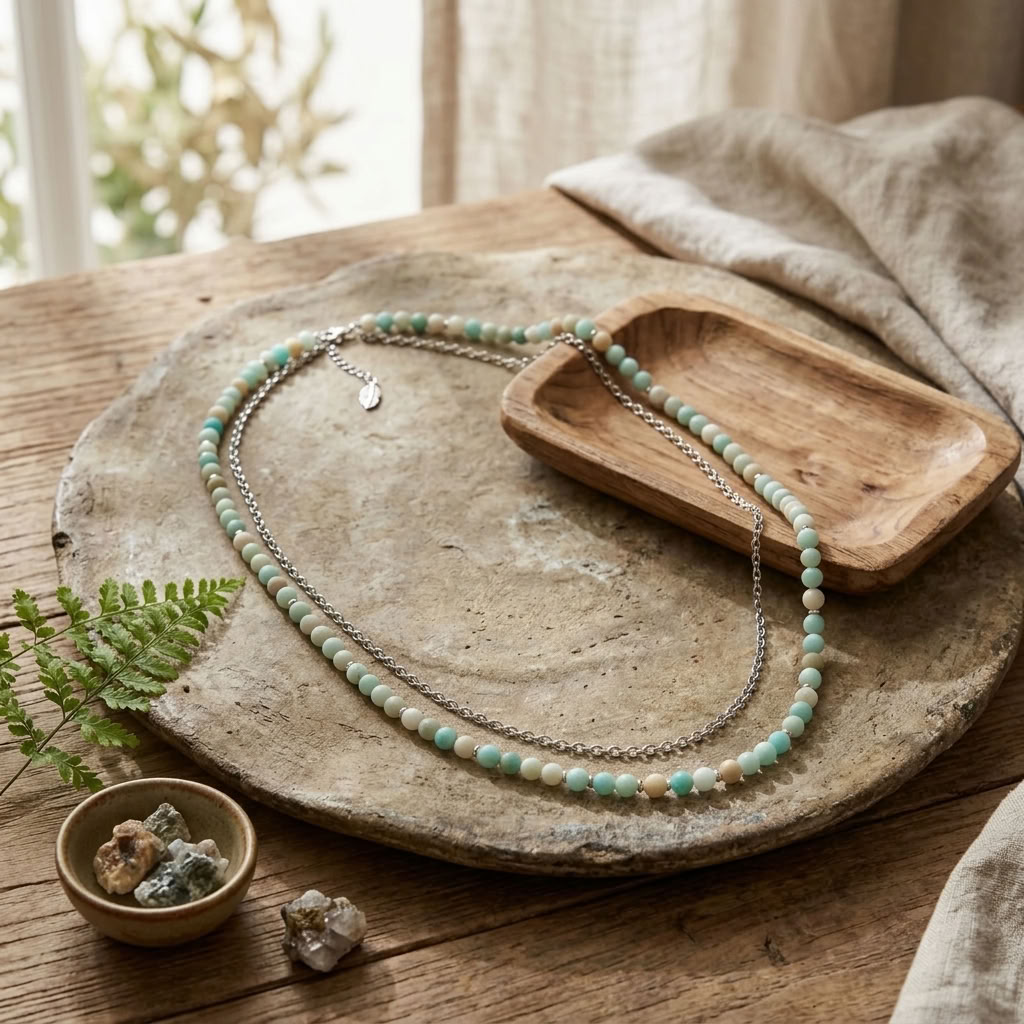 Colar Duplo com Amazonite Natural e Aço Inoxidável