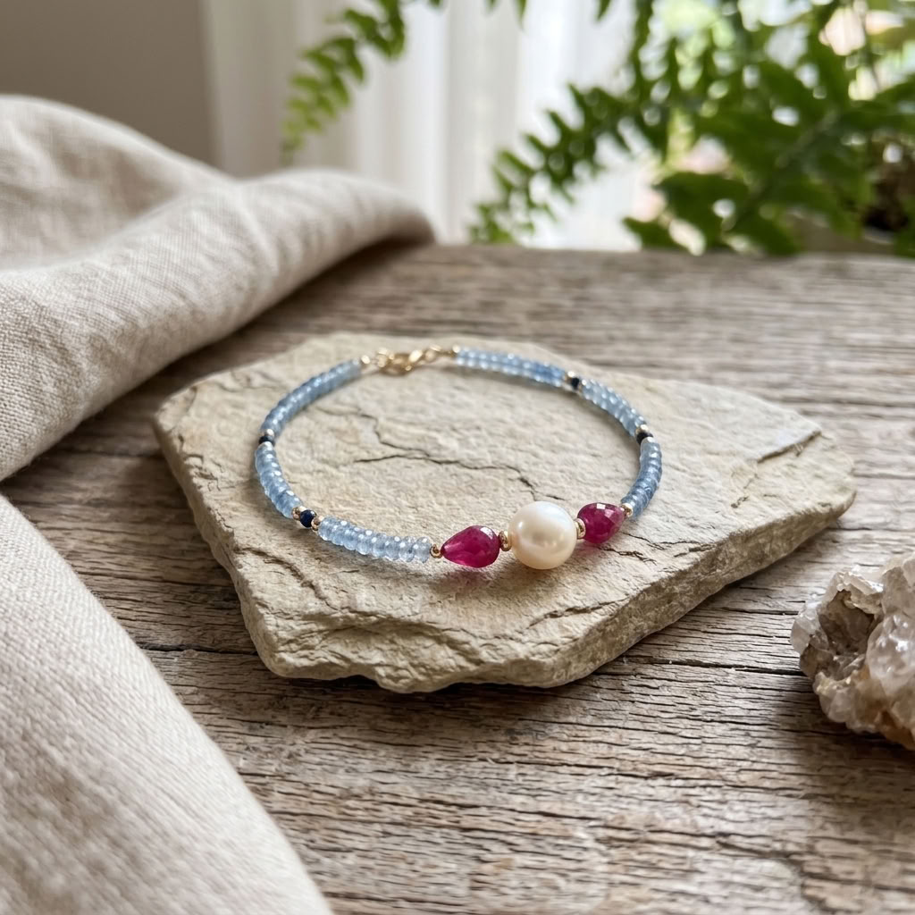Pulseira em Ouro Amarelo 18K com Pérola Akoya, Safira Azul, Rubi e Água-Marinha