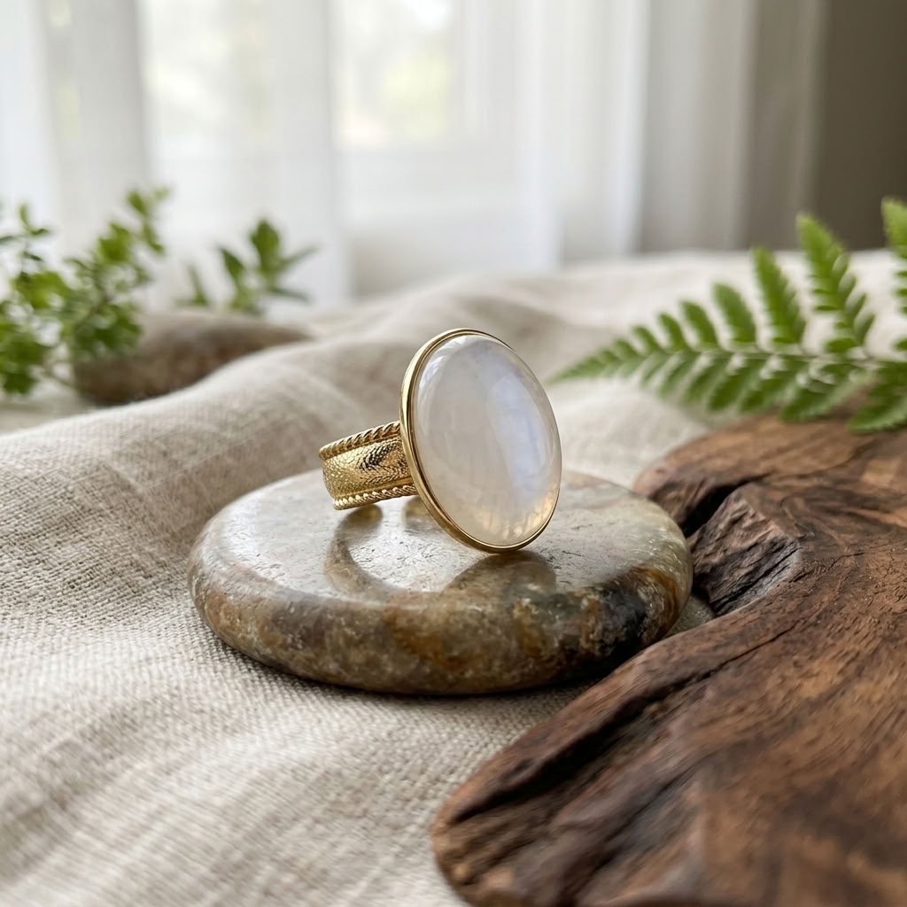 Anel Ajustável Dourado com Moonstone Arco-Íris - Elegância e Magia Natural