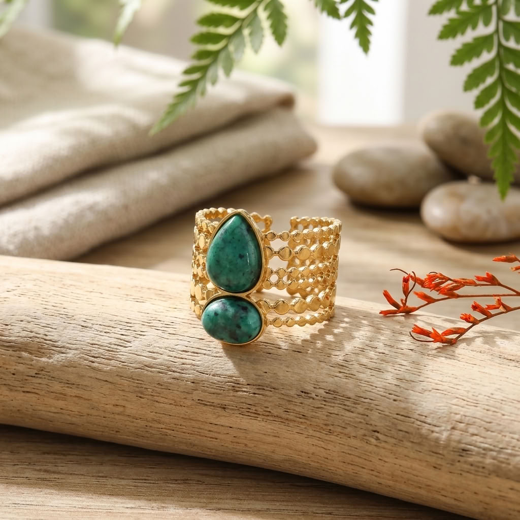 Anel Multi-Anel Ajustável Dourado com Pedras Naturais - Verde Escuro