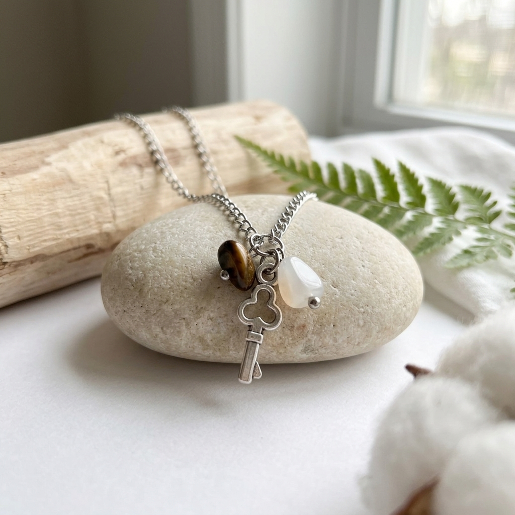 Colar Inox Key Stones – Corrente Prateada & Pedras Naturais