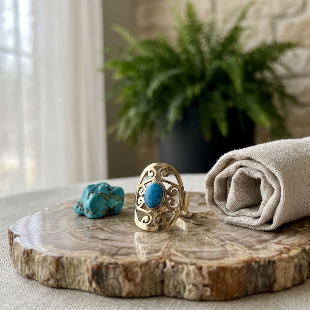 Anel de Bronze com Turquesa Natural - Ajustável, Estilo e Sofisticação Artesanal