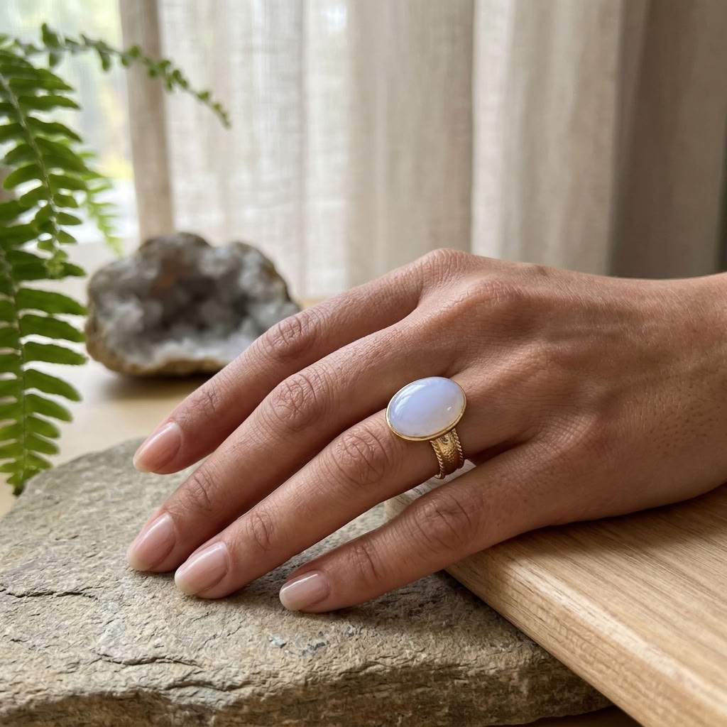 Anel Ajustável Dourado com Moonstone Arco-Íris - Elegância e Magia Natural