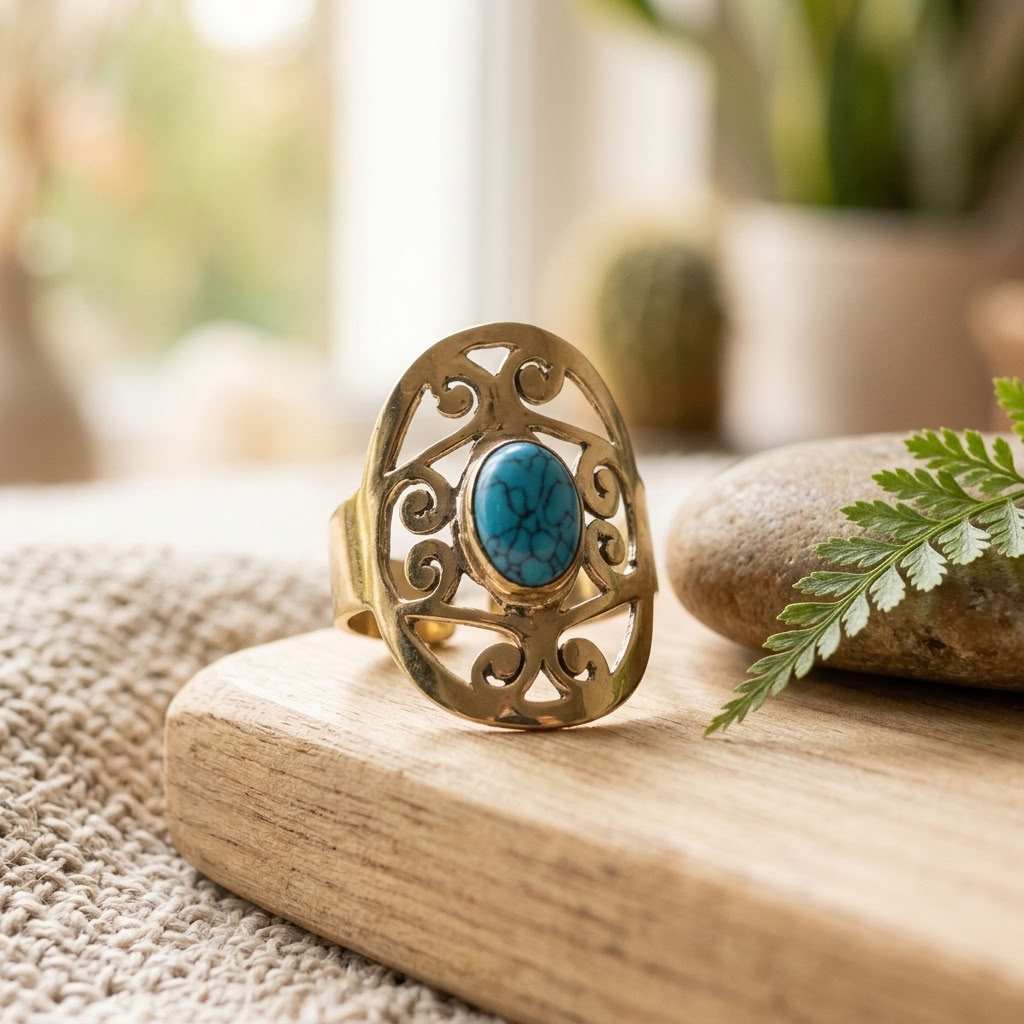 Anel de Bronze com Turquesa Natural - Ajustável, Estilo e Sofisticação Artesanal