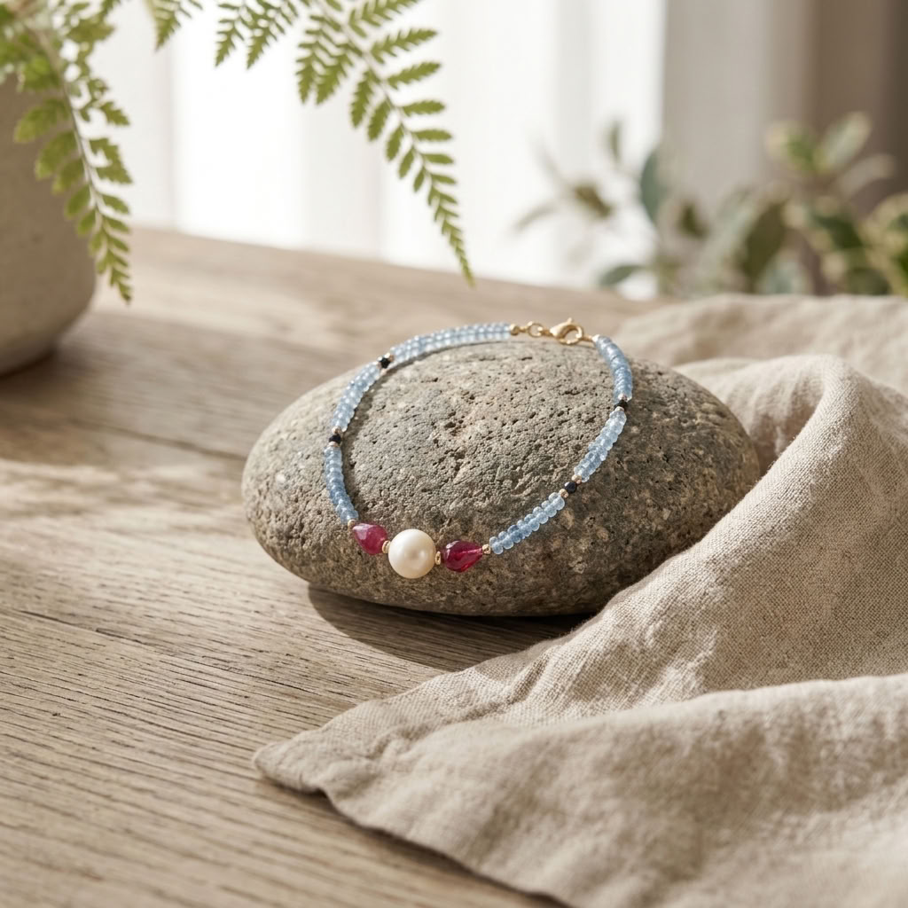 Pulseira em Ouro Amarelo 18K com Pérola Akoya, Safira Azul, Rubi e Água-Marinha