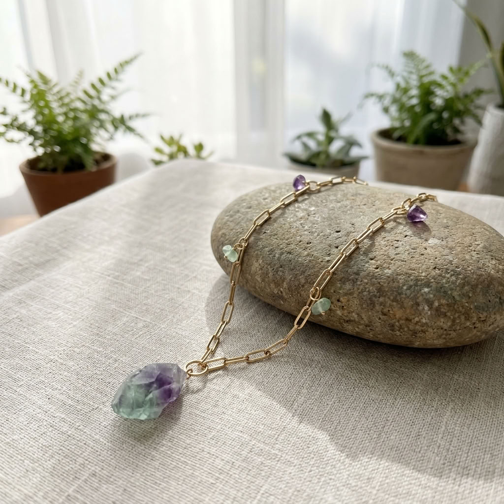 Colar Inox Dourado com Fluorite Natural – 60 cm