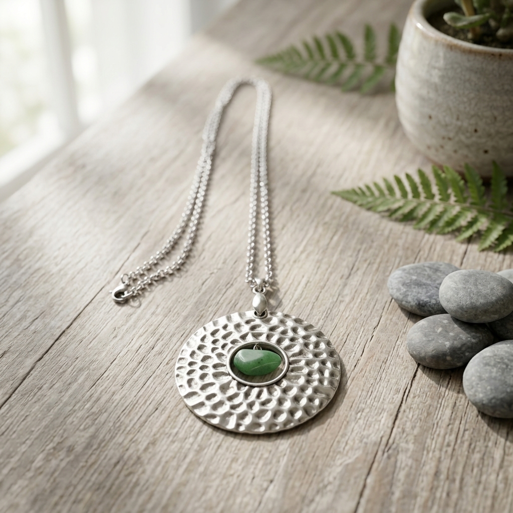 Colar Inox Green Circle – Corrente Prateada & Pedra Natural