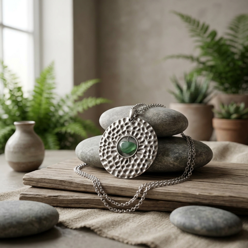 Colar Inox Green Circle – Corrente Prateada & Pedra Natural