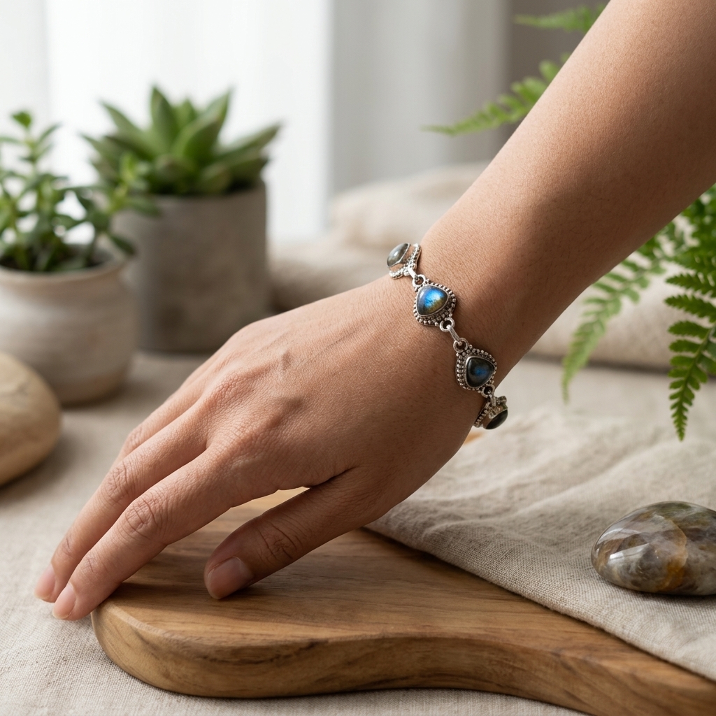 Pulseira de Prata Esterlina 925 com Labradorite - Aurora Mística