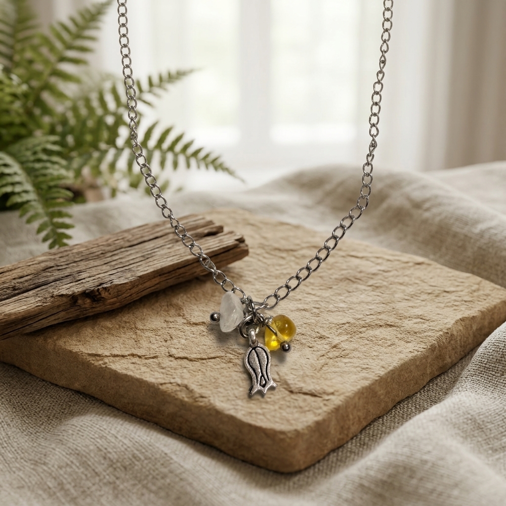 Colar Inox Charms – Corrente Prateada & Pedras Naturais com Flor