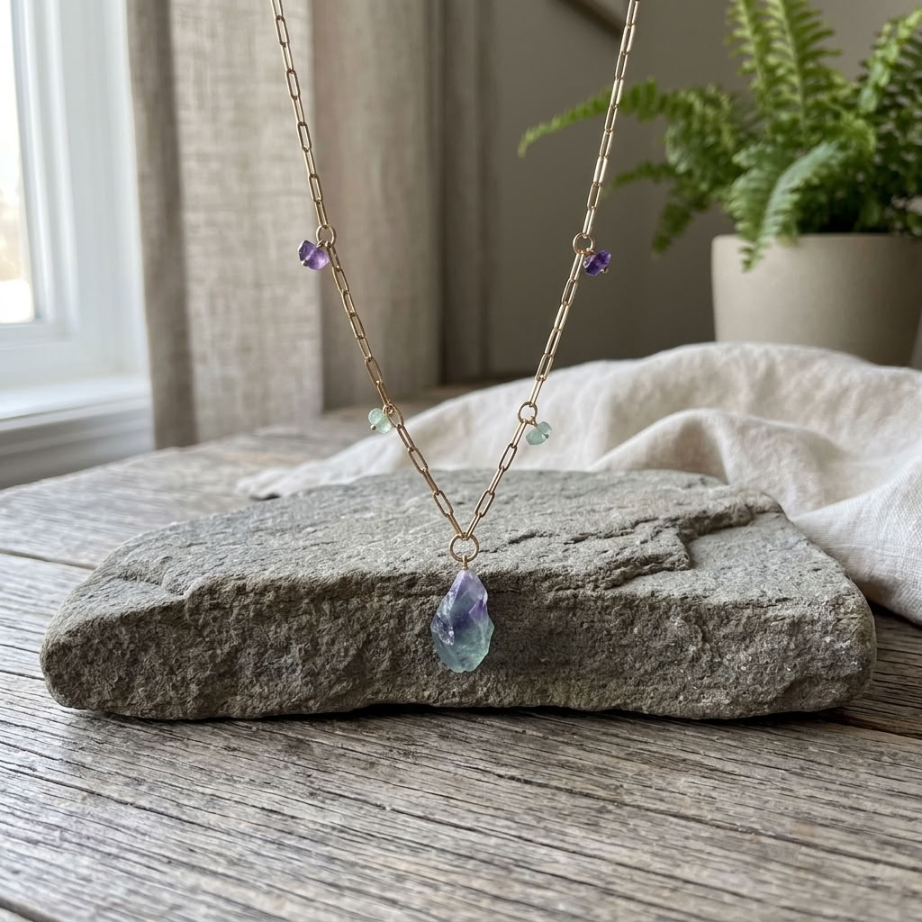 Colar Inox Dourado com Fluorite Natural – 60 cm