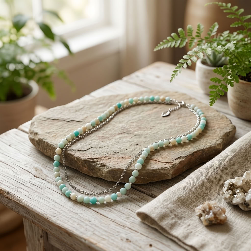 Colar Duplo com Amazonite Natural e Aço Inoxidável