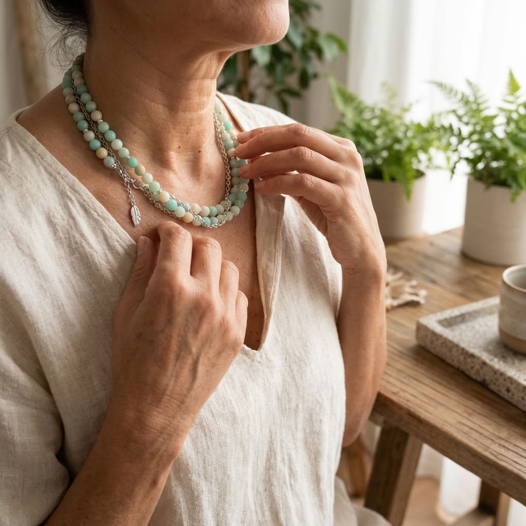 Colar Duplo com Amazonite Natural e Aço Inoxidável