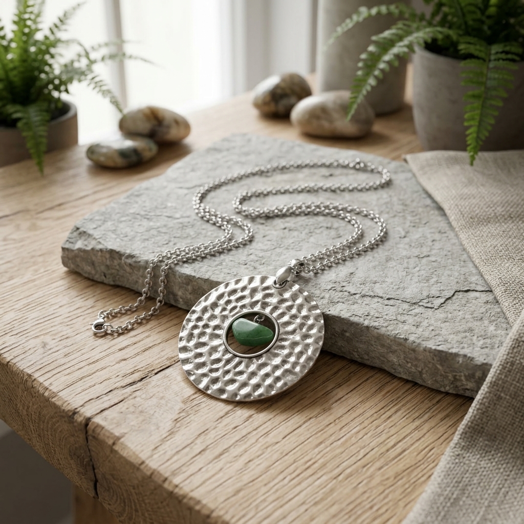 Colar Inox Green Circle – Corrente Prateada & Pedra Natural