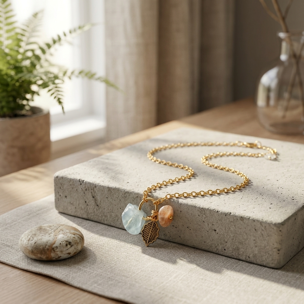 Colar Inox Leaf Stones – Corrente Dourada & Pedras Naturais