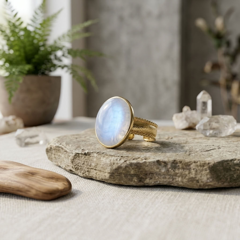 Anel Ajustável Dourado com Moonstone Arco-Íris - Elegância e Magia Natural