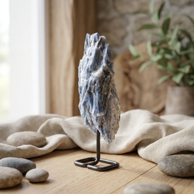 Cristal de Cianita Azul Natural em Suporte Metálico – Peça Decorativa e de Coleção