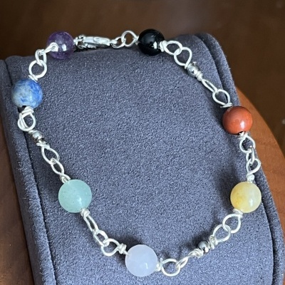 Pulseira em Aço Inoxidável com 7 Pedras Naturais – Ônix, Ametista, Sodalite, Amazonite, Quartzo Rosa, Citrino e Cornalina