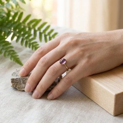 Anel Oval Ajustável Banhado a Ouro com Ametista Natural - Elegante e Versátil