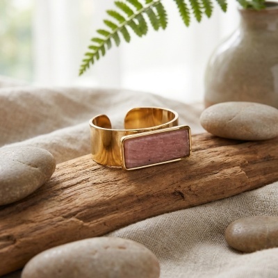 Anel Hilda em Aço Inoxidável Dourado com Pedra Mineral Rosa
