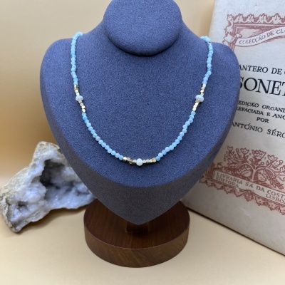 Colar de Aço Inox com Pedras Facetadas e Pérolas - Aquamarine