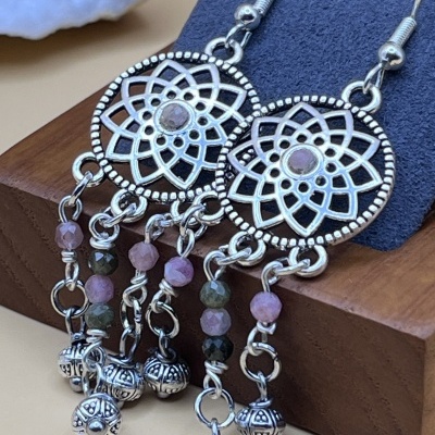 Brincos Aço inoxidável compridos com Turmalina Rosa