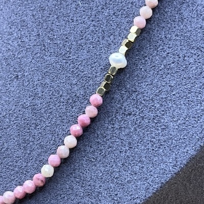 Colar de Aço Inoxidável com Turmalina Rosa e Pérolas Naturais - Sofisticação Delicada