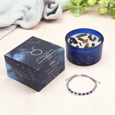 Vela de Cristal Touro - Lápis-Lazúli e Ágata Musgo para Estabilidade e Harmonia