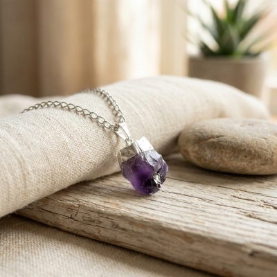 Colar em Aço Inoxidável com Pendente de Ametista Natural Bruta