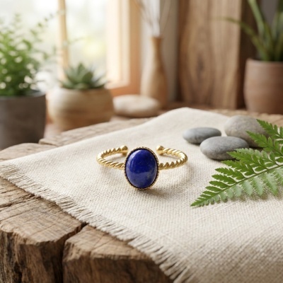 Anel Torcido Banhado a Ouro 18k com Lápis-Lazúli - Ajustável e Elegante