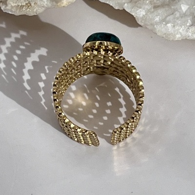 Anel Multi-Anel Ajustável Dourado com Pedras Naturais - Verde Escuro