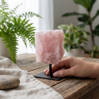 Quartzo Rosa Natural em Base Metálica — Pedra do Amor e da Harmonia