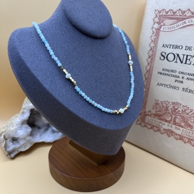 Colar de Aço Inox com Pedras Facetadas e Pérolas - Aquamarine