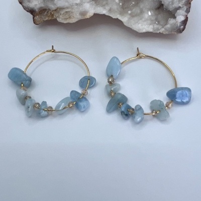 Brincos Crioulos em Aço Inoxidável com Contas Boêmias e Água-Marinha - Estilo Boho Chic