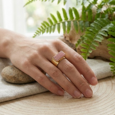 Anel Hilda em Aço Inoxidável Dourado com Pedra Mineral Rosa