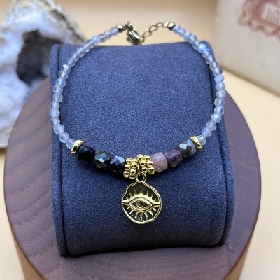 Pulseira Naina com Labradoritas e Turmalinas - Joia Dourada Fabricada em França
