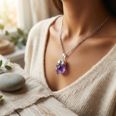Colar em Aço Inoxidável com Pendente de Ametista Natural Bruta
