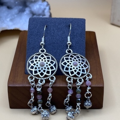 Brincos Aço inoxidável compridos com Turmalina Rosa