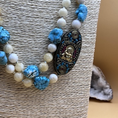 Colar Amuleto do Buda em Turquesa e Pedra Amarela - Riqueza, Luz e Harmonia
