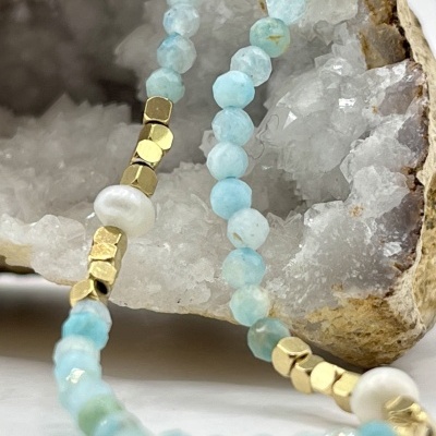 Colar de Aço Inox com Pedras Facetadas e Pérolas - Aquamarine