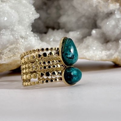 Anel Multi-Anel Ajustável Dourado com Pedras Naturais - Verde Escuro