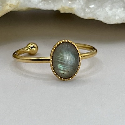 Anel Fino Banhado a Ouro 18k com Labradorite - Ajustável e Minimalista