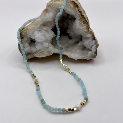 Colar de Aço Inox com Pedras Facetadas e Pérolas - Aquamarine