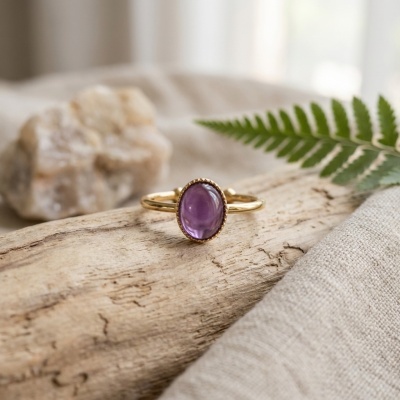 Anel Oval Ajustável Banhado a Ouro com Ametista Natural - Elegante e Versátil