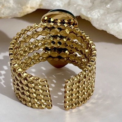 Anel Multi-Anel Ajustável Dourado com Pedras Naturais - Verde Escuro