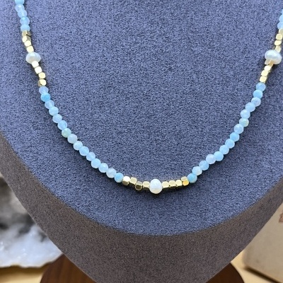 Colar de Aço Inox com Pedras Facetadas e Pérolas - Aquamarine