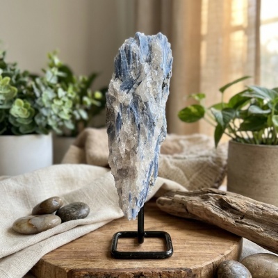 Cristal de Cianita Azul Natural em Suporte Metálico – Peça Decorativa e de Coleção